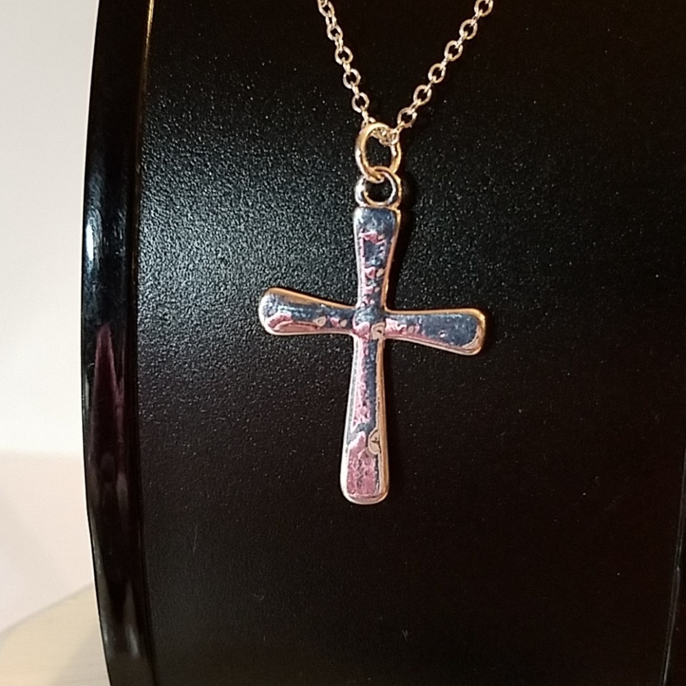 Cross 1.25" Silver Tone Necklace 18" Chain
